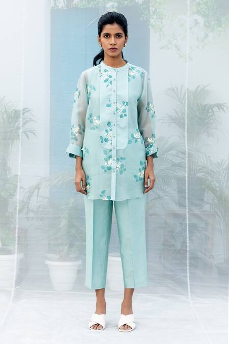 Arcvsh By Pallavi Singh Blue Organza Embroidery Mandarin Collar Sakura Floral Print Shirt And Pant Set Online at Aza Fashions Arcvsh By Pallavi Singh_Blue Organza Embroidery Mandarin Collar Sakura Floral Print Shirt And Pant Set _Online_at_Aza_Fashions