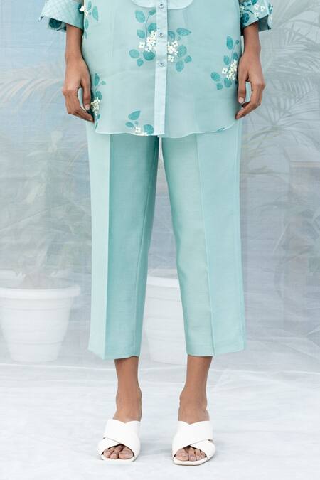 Buy Arcvsh By Pallavi Singh Blue Organza Embroidery Mandarin Collar Sakura Floral Print Shirt And Pant Set Online at Aza Fashions Buy_Arcvsh By Pallavi Singh_Blue Organza Embroidery Mandarin Collar Sakura Floral Print Shirt And Pant Set _Online_at_Aza_Fashions