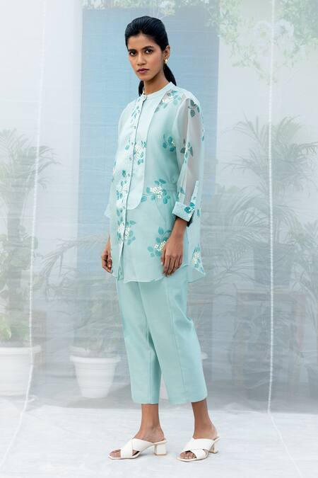Shop Arcvsh By Pallavi Singh Blue Organza Embroidery Mandarin Collar Sakura Floral Print Shirt And Pant Set Online at Aza Fashions Shop_Arcvsh By Pallavi Singh_Blue Organza Embroidery Mandarin Collar Sakura Floral Print Shirt And Pant Set _Online_at_Aza_Fashions