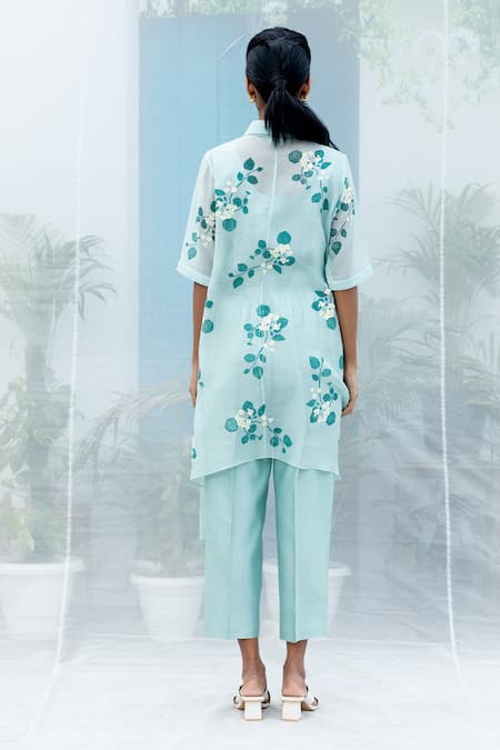 Shop Arcvsh By Pallavi Singh Blue Chanderi Cotton Embroidery Shawl Neck Sakura Print Shirt And Pant Set at Aza Fashions Shop_Arcvsh By Pallavi Singh_Blue Chanderi Cotton Embroidery Shawl Neck Sakura Print Shirt And Pant Set _at_Aza_Fashions