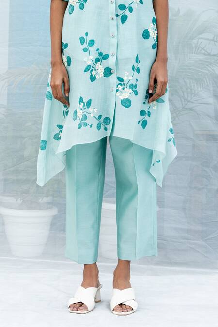 Arcvsh By Pallavi Singh Blue Chanderi Cotton Embroidery Shawl Neck Sakura Print Shirt And Pant Set Online at Aza Fashions Arcvsh By Pallavi Singh_Blue Chanderi Cotton Embroidery Shawl Neck Sakura Print Shirt And Pant Set _Online_at_Aza_Fashions