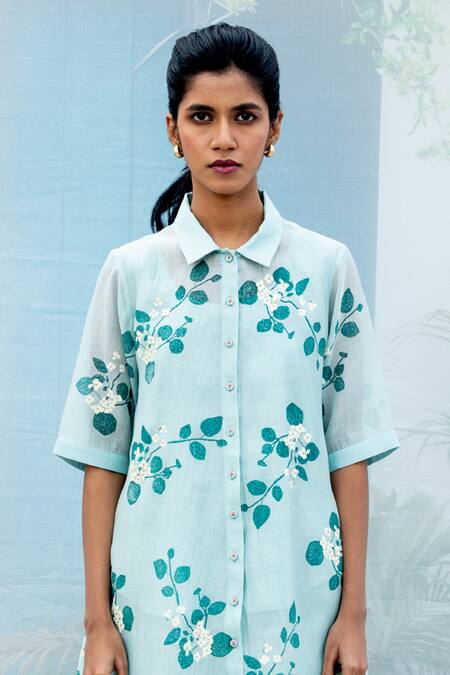 Buy Arcvsh By Pallavi Singh Blue Chanderi Cotton Embroidery Shawl Neck Sakura Print Shirt And Pant Set Online at Aza Fashions Buy_Arcvsh By Pallavi Singh_Blue Chanderi Cotton Embroidery Shawl Neck Sakura Print Shirt And Pant Set _Online_at_Aza_Fashions