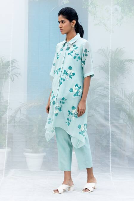 Shop Arcvsh By Pallavi Singh Blue Chanderi Cotton Embroidery Shawl Neck Sakura Print Shirt And Pant Set Online at Aza Fashions Shop_Arcvsh By Pallavi Singh_Blue Chanderi Cotton Embroidery Shawl Neck Sakura Print Shirt And Pant Set _Online_at_Aza_Fashions