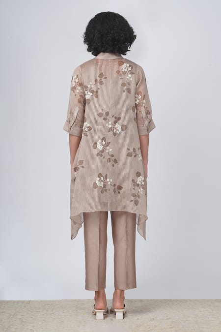 Shop Arcvsh By Pallavi Singh Beige Organza Embroidery Shawl Neck Sakura Striped Print Shirt And Pant Set at Aza Fashions Shop_Arcvsh By Pallavi Singh_Beige Organza Embroidery Shawl Neck Sakura Striped Print Shirt And Pant Set _at_Aza_Fashions