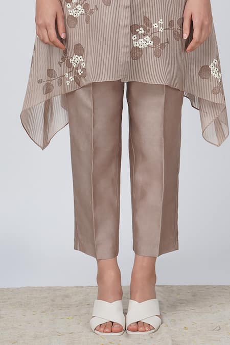 Arcvsh By Pallavi Singh Beige Organza Embroidery Shawl Neck Sakura Striped Print Shirt And Pant Set Online at Aza Fashions Arcvsh By Pallavi Singh_Beige Organza Embroidery Shawl Neck Sakura Striped Print Shirt And Pant Set _Online_at_Aza_Fashions