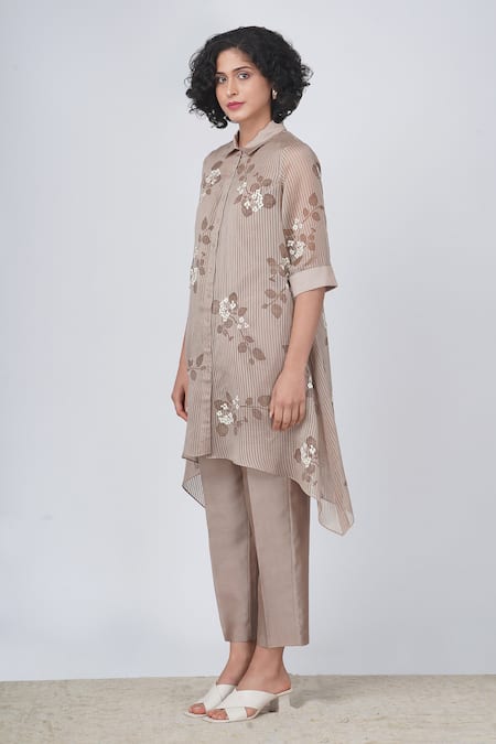 Buy Arcvsh By Pallavi Singh Beige Organza Embroidery Shawl Neck Sakura Striped Print Shirt And Pant Set Online at Aza Fashions Buy_Arcvsh By Pallavi Singh_Beige Organza Embroidery Shawl Neck Sakura Striped Print Shirt And Pant Set _Online_at_Aza_Fashions