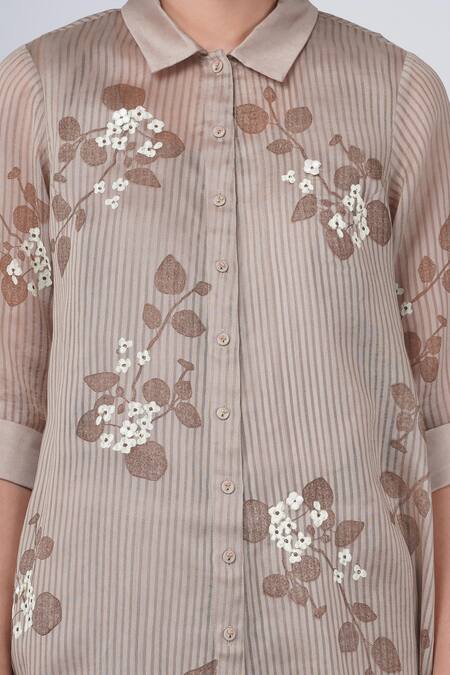Shop Arcvsh By Pallavi Singh Beige Organza Embroidery Shawl Neck Sakura Striped Print Shirt And Pant Set Online at Aza Fashions Shop_Arcvsh By Pallavi Singh_Beige Organza Embroidery Shawl Neck Sakura Striped Print Shirt And Pant Set _Online_at_Aza_Fashions