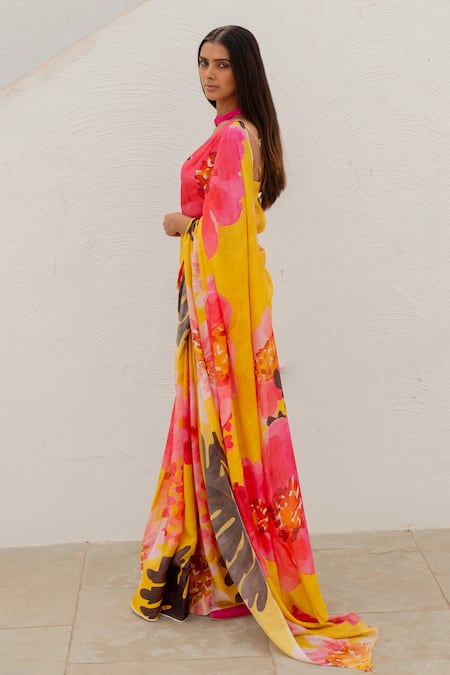 Shop_Silai Studio_Yellow Silk Voile Printed Tuscany Flower Saree  _at_Aza_Fashions