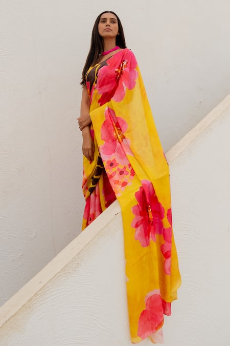 Silai Studio_Yellow Silk Voile Printed Tuscany Flower Saree  _Online_at_Aza_Fashions