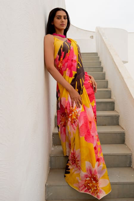 Buy_Silai Studio_Yellow Silk Voile Printed Tuscany Flower Saree  _Online_at_Aza_Fashions