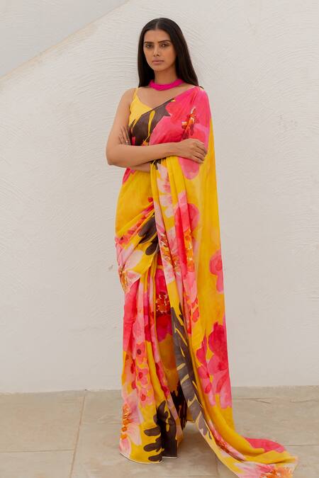 Shop_Silai Studio_Yellow Silk Voile Printed Tuscany Flower Saree  _Online_at_Aza_Fashions