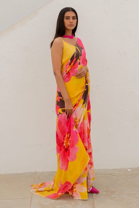 Silai Studio_Yellow Silk Voile Printed Tuscany Flower Saree  _at_Aza_Fashions