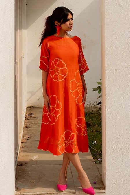 Silai Studio Orange Chanderi Bandhani Floral Boat Neck Pattern A-line Dress 