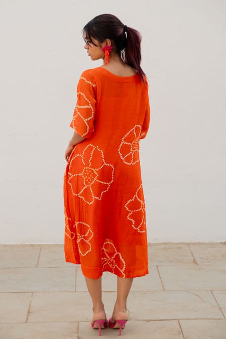 Shop_Silai Studio_Orange Chanderi Embroidery Boat Neck Bandhani Pattern A-line Dress _at_Aza_Fashions