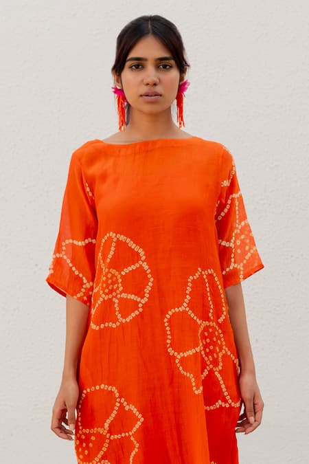 Silai Studio_Orange Chanderi Embroidery Boat Neck Bandhani Pattern A-line Dress _Online_at_Aza_Fashions