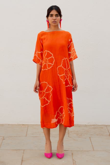 Buy_Silai Studio_Orange Chanderi Embroidery Boat Neck Bandhani Pattern A-line Dress _Online_at_Aza_Fashions