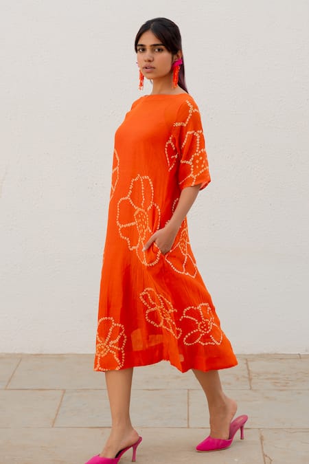 Shop_Silai Studio_Orange Chanderi Embroidery Boat Neck Bandhani Pattern A-line Dress _Online_at_Aza_Fashions