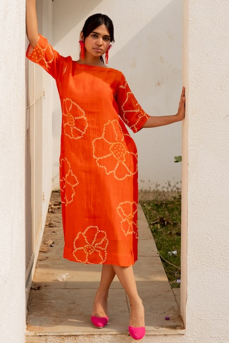 Silai Studio_Orange Chanderi Embroidery Boat Neck Bandhani Pattern A-line Dress _at_Aza_Fashions