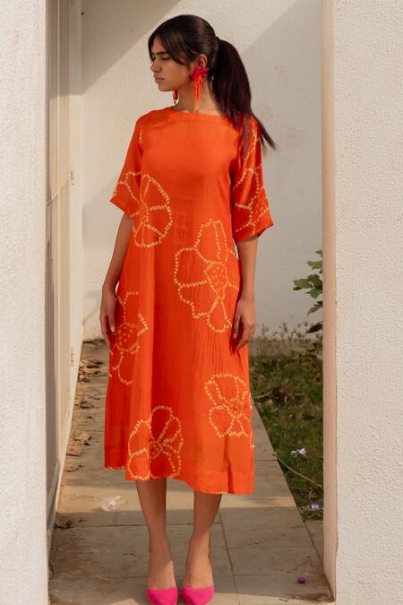 Buy_Silai Studio_Orange Chanderi Embroidery Boat Neck Bandhani Pattern A-line Dress 