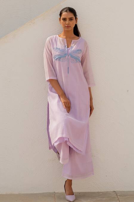 Silai Studio Purple Chanderi Sequins, Beads Round Neck Threadwork Kurta With Pant Online at Aza Fashions Silai Studio_Purple Chanderi Sequins, Beads Round Neck Threadwork Kurta With Pant_Online_at_Aza_Fashions