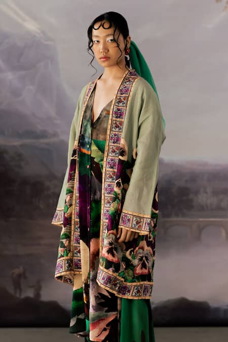 Buy_Yavi_Green Linen Open Neck Adan Ai Art Print Jacket _Online_at_Aza_Fashions