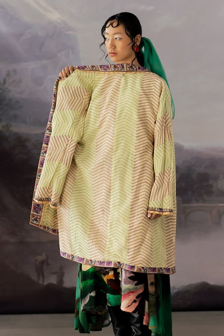 Shop_Yavi_Green Linen Open Neck Adan Ai Art Print Jacket _Online_at_Aza_Fashions