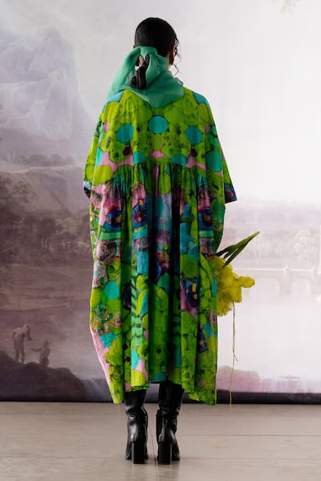 Shop_Yavi_Green Cotton Silk Printed Ai Art Carmine Dress  _at_Aza_Fashions