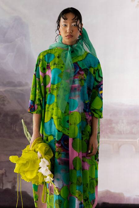 Yavi_Green Cotton Silk Printed Ai Art Carmine Dress  _Online_at_Aza_Fashions