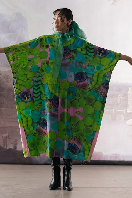 Buy_Yavi_Green Cotton Silk Printed Ai Art Carmine Dress  _Online_at_Aza_Fashions