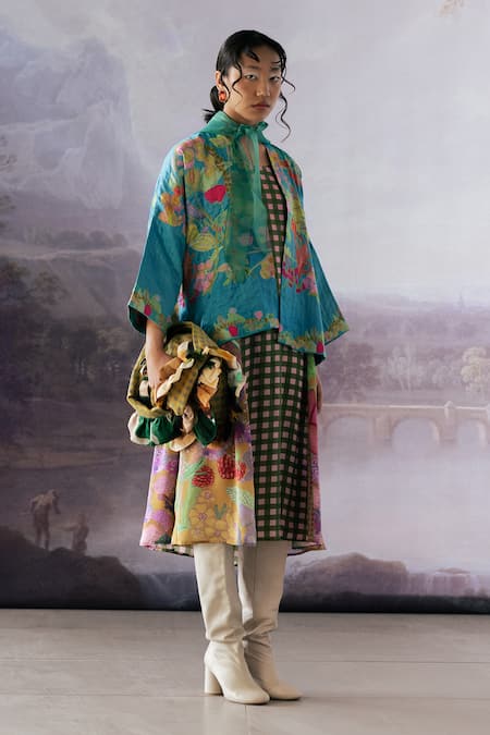 Yavi Blue Embroidery Open Neck Halcyon Kitchen Garden Print Jacket Online at Aza Fashions Yavi_Blue Embroidery Open Neck Halcyon Kitchen Garden Print Jacket _Online_at_Aza_Fashions