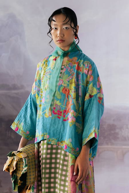 Buy Yavi Blue Embroidery Open Neck Halcyon Kitchen Garden Print Jacket Online at Aza Fashions Buy_Yavi_Blue Embroidery Open Neck Halcyon Kitchen Garden Print Jacket _Online_at_Aza_Fashions