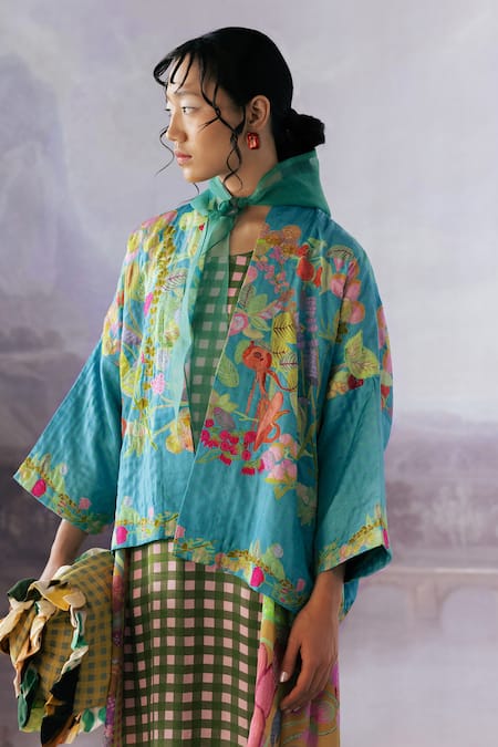Shop Yavi Blue Embroidery Open Neck Halcyon Kitchen Garden Print Jacket Online at Aza Fashions Shop_Yavi_Blue Embroidery Open Neck Halcyon Kitchen Garden Print Jacket _Online_at_Aza_Fashions