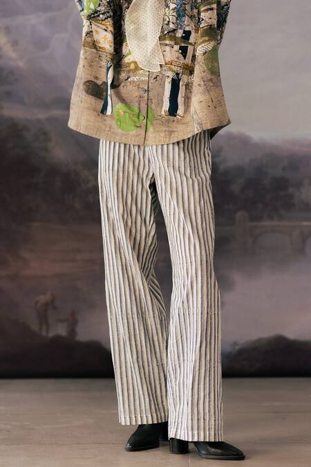 Shop_Yavi_Ivory Cotton Print Shadow Stripe Jenny Pant  _at_Aza_Fashions