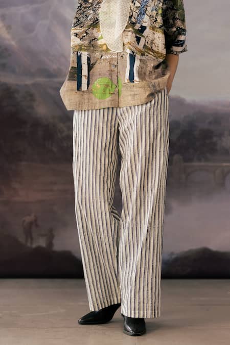 Yavi_Ivory Cotton Print Shadow Stripe Jenny Pant  _Online_at_Aza_Fashions