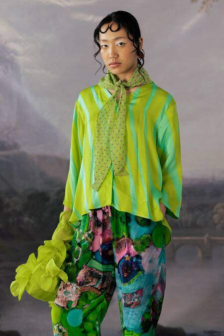 Yavi_Green V-neck Jenny Hazy Stripe Print Top _Online_at_Aza_Fashions
