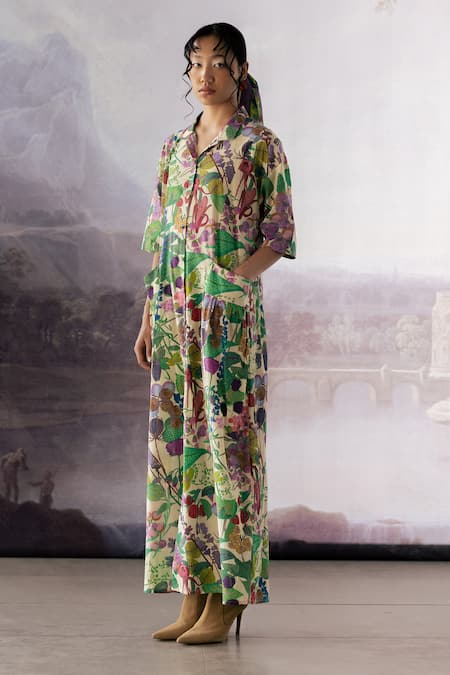 Buy_Yavi_White Cotton Collared Laura Printed Dress _Online_at_Aza_Fashions