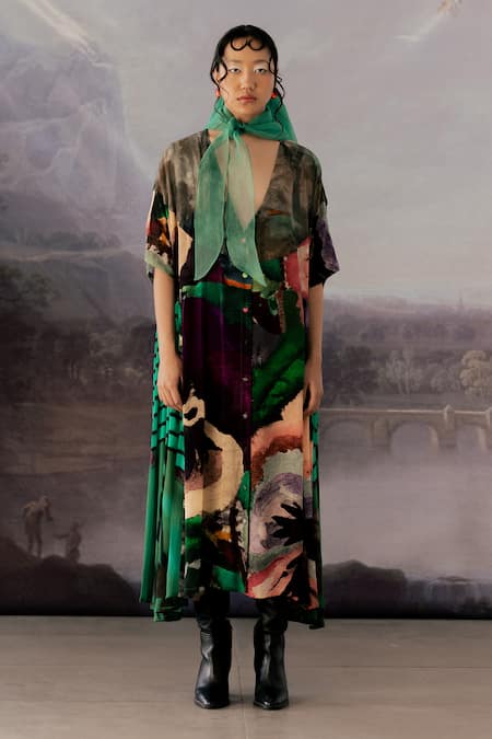 Yavi_Multi Color Cotton, Crepe V-neck Maren Abstract Print Dress _Online_at_Aza_Fashions