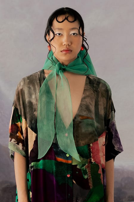 Buy_Yavi_Multi Color Cotton, Crepe V-neck Maren Abstract Print Dress _Online_at_Aza_Fashions