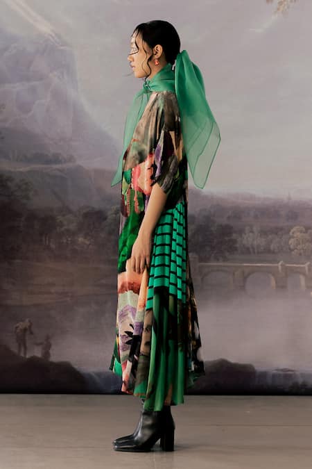 Shop_Yavi_Multi Color Cotton, Crepe V-neck Maren Abstract Print Dress _Online_at_Aza_Fashions