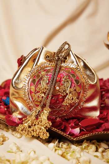 5elements_Gold Hand Embroidery Floral Potli Bag _at_Aza_Fashions