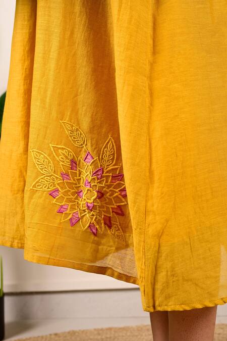 Buy_KKANYAAH_Yellow Silk, Cotton Embroidery, Piping V-neck Leaf Midi Dress _Online_at_Aza_Fashions