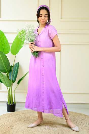 KKANYAAH_Purple Silk, Cotton Embroidery V-neck Floral Midi Shirt Dress _Online_at_Aza_Fashions
