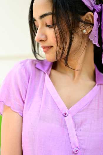 Buy_KKANYAAH_Purple Silk, Cotton Embroidery V-neck Floral Midi Shirt Dress _Online_at_Aza_Fashions