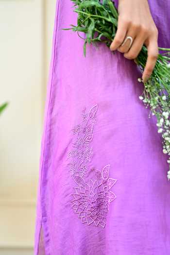 Shop_KKANYAAH_Purple Silk, Cotton Embroidery V-neck Floral Midi Shirt Dress _Online_at_Aza_Fashions
