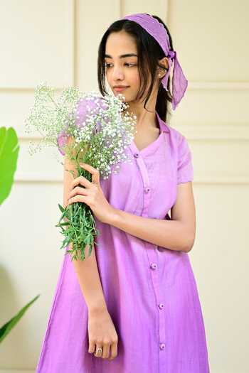 KKANYAAH_Purple Silk, Cotton Embroidery V-neck Floral Midi Shirt Dress _at_Aza_Fashions