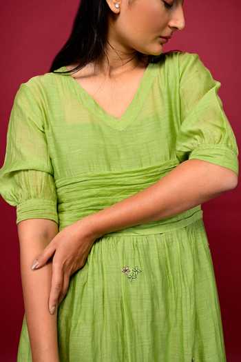 KKANYAAH_Green Silk, Cotton Embroidery V-neck Floral Applique Detailed Midi Dress _Online_at_Aza_Fashions