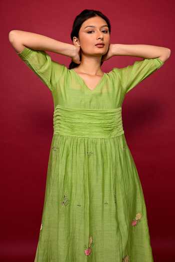 Buy_KKANYAAH_Green Silk, Cotton Embroidery V-neck Floral Applique Detailed Midi Dress _Online_at_Aza_Fashions