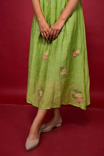 Shop_KKANYAAH_Green Silk, Cotton Embroidery V-neck Floral Applique Detailed Midi Dress _Online_at_Aza_Fashions