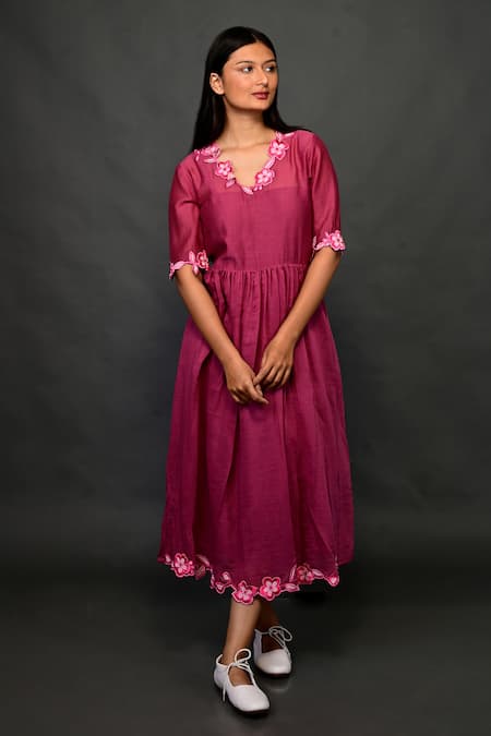 KKANYAAH_Wine Silk, Cotton Applique, Embroidery V-neck Floral Detailed Dress _Online_at_Aza_Fashions