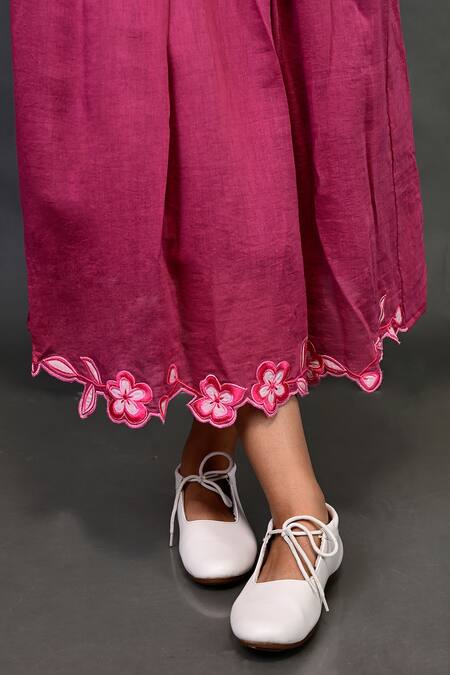 Shop_KKANYAAH_Wine Silk, Cotton Applique, Embroidery V-neck Floral Detailed Dress _Online_at_Aza_Fashions